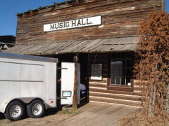 The trailer backed up to the front entrance of the Nevada City Music Hall, originally a dining hall in Yellowstone National Park.